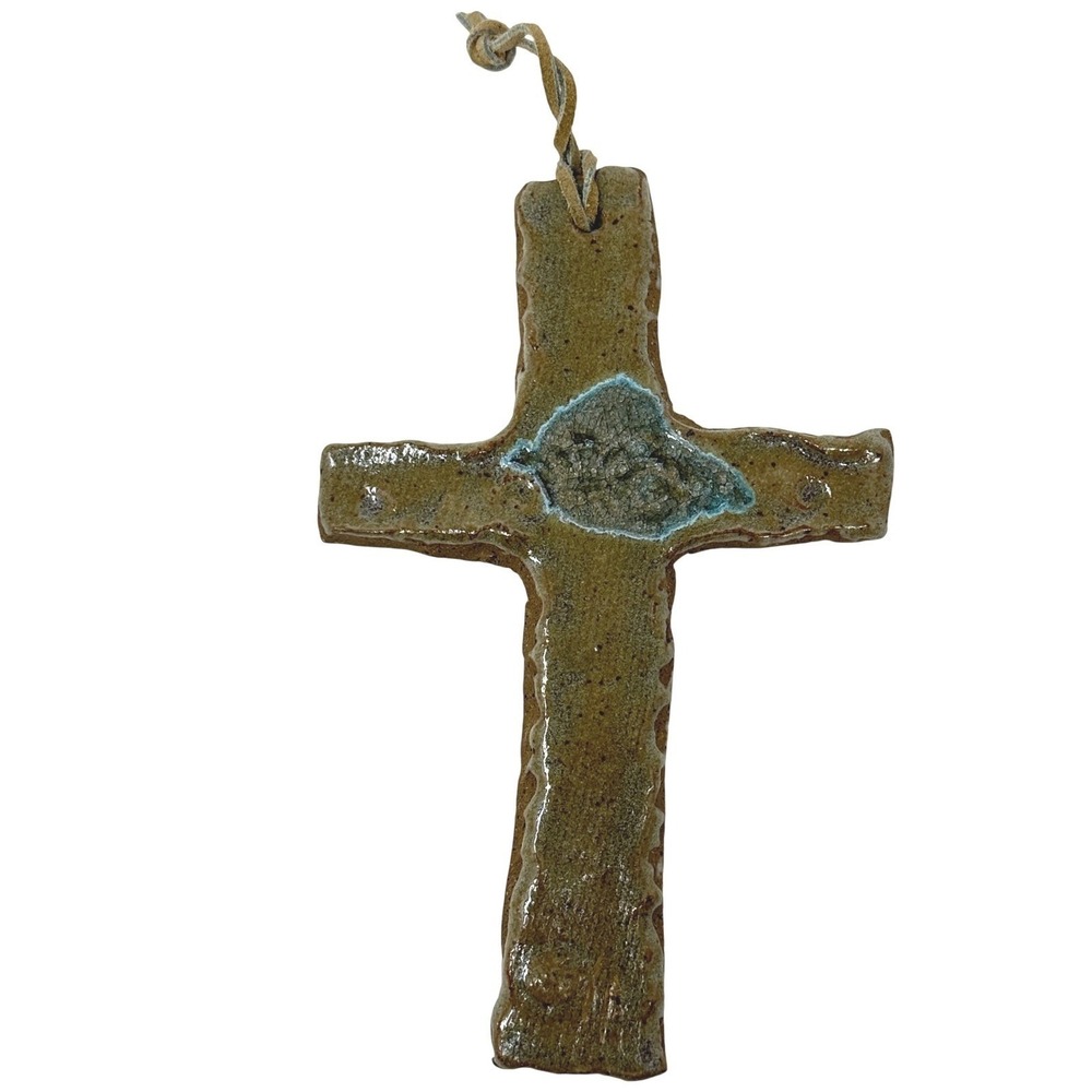 Artisan Studio Pottery Ceramic Wall Cross Melted Glass Geode Center Brown Teal